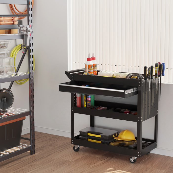 Servante d'atelier chariot à outils 2 étagères plateau grand tiroir tablette à outils acier noir