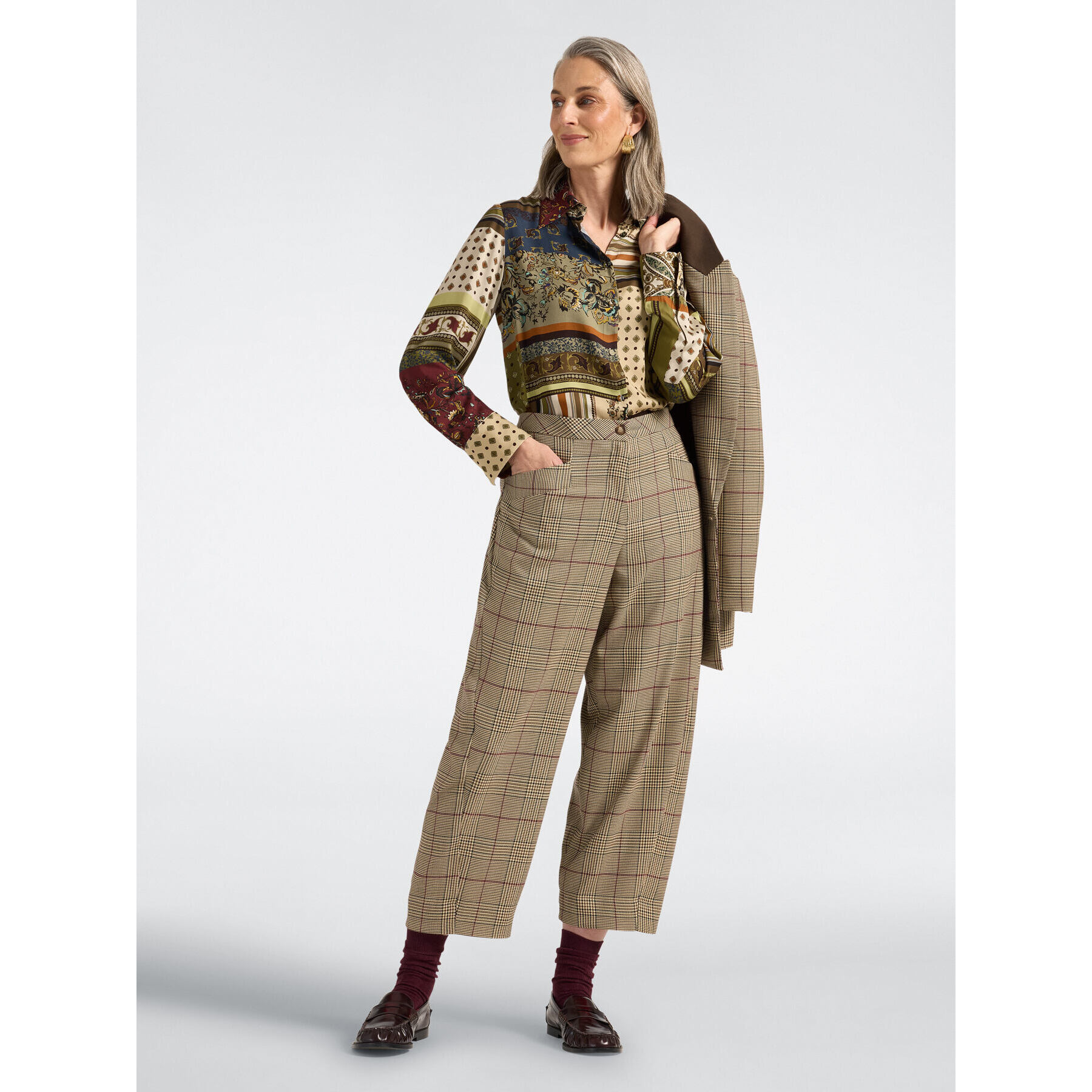 Elena Mirò - Camicia in raso stampata patchwork - Verde militare