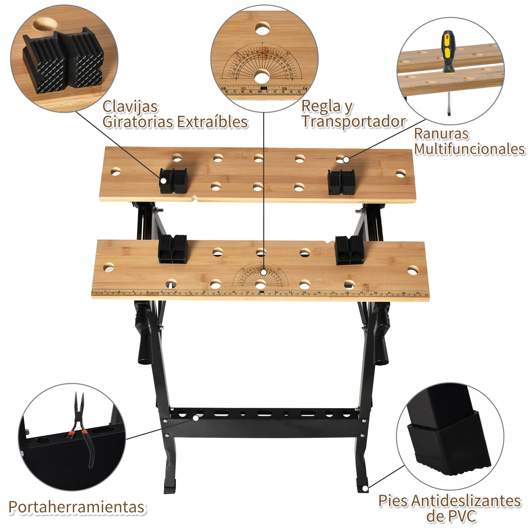 HOMCOM Banco de Trabajo Plegable Portátil con Tableros Ajustables en Ángulo y Distancia Bambú y Acero Carga Máx. 150 kg 63,5x60,5x78 cm Madera Natural y Negro