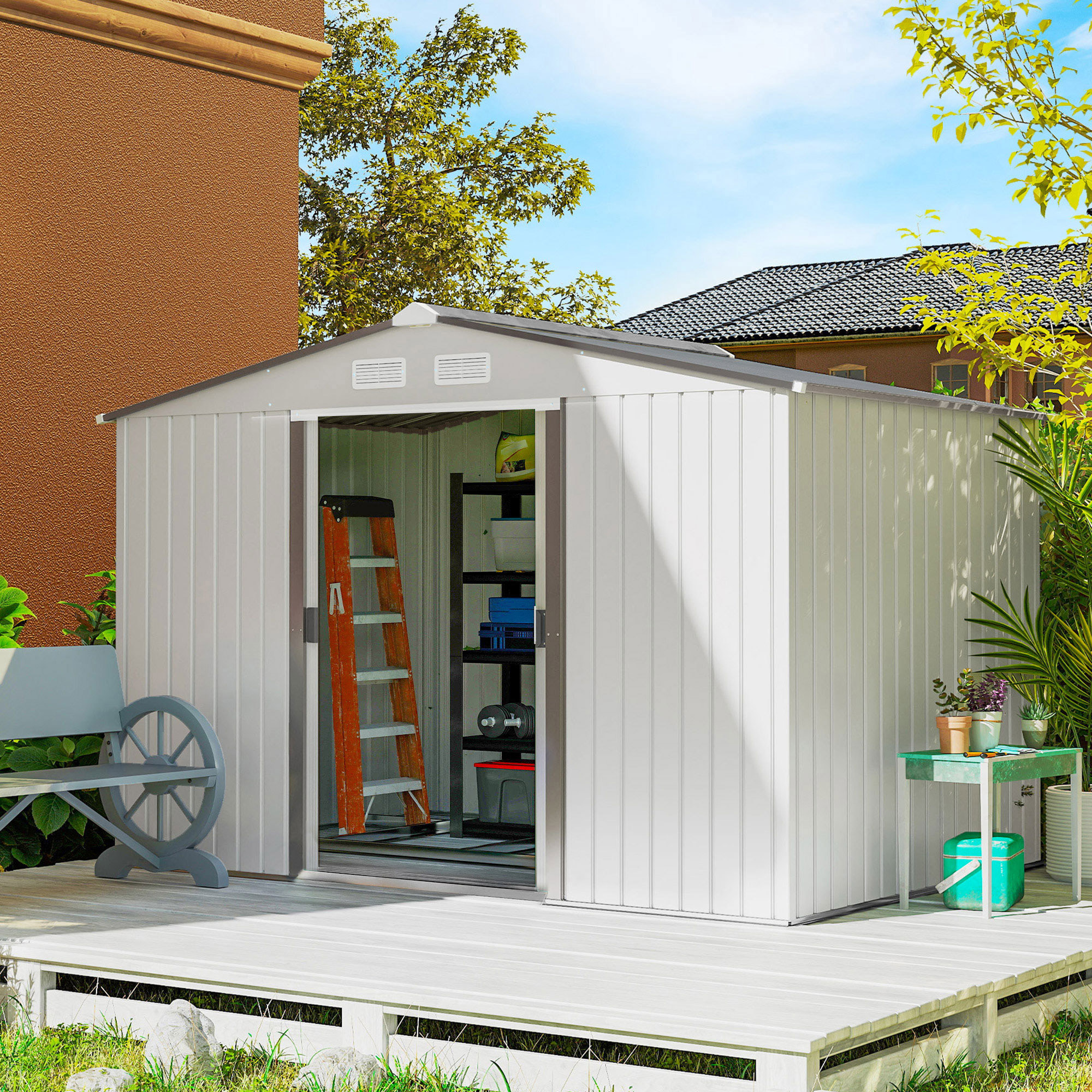 Caseta de Jardín Exterior, 5 m² 277x195x192 cm, Cobertizo de Jardín Exterior Metálico con 2 Puertas Correderas, Base Refuerzo (Suelo NO Incluido) y 4 Ventanas, Plata y Gris