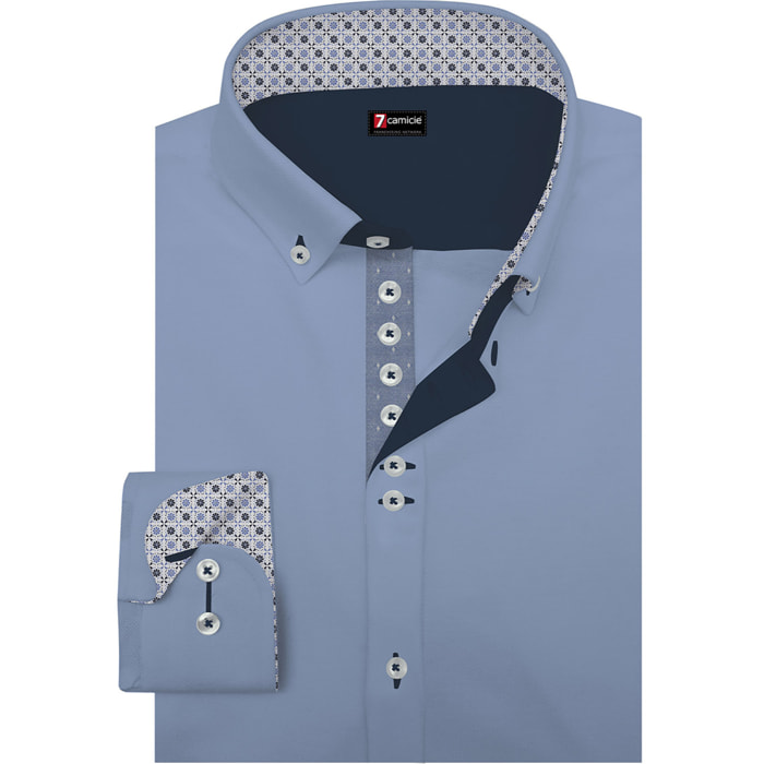 Camicia Uomo 1 Bottoni Button Down Slim Popeline Stretch Unito Celeste