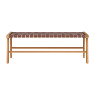 Banc 120 cm en cuir tressé marron et bois de teck - Kuna