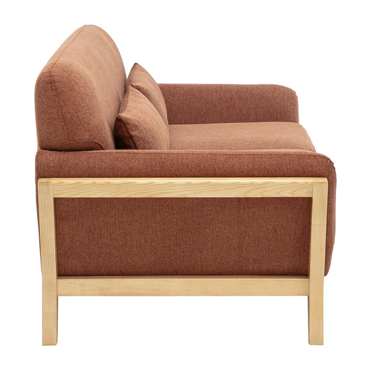 Canapé scandinave 2 places en tissu effet velours texturé terre brûlée et bois clair YOKO