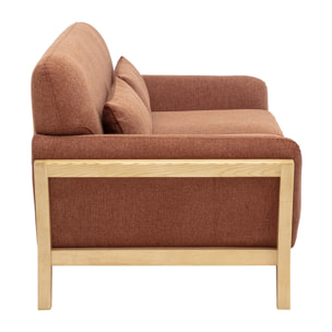 Canapé scandinave 2 places en tissu effet velours texturé terre brûlée et bois clair YOKO