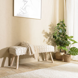 SACHA - Banc 120x40cm laine motifs losanges couleur ivoire pieds bois
