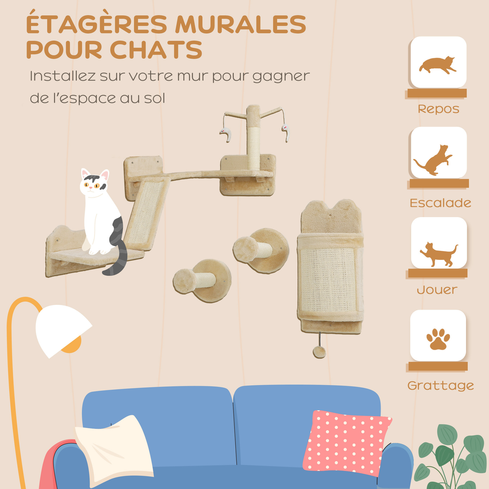 Mur d'escalade pour chat - arbre à chat design mural - griffoirs, grattoirs, jeux - sisal naturel peluche beige