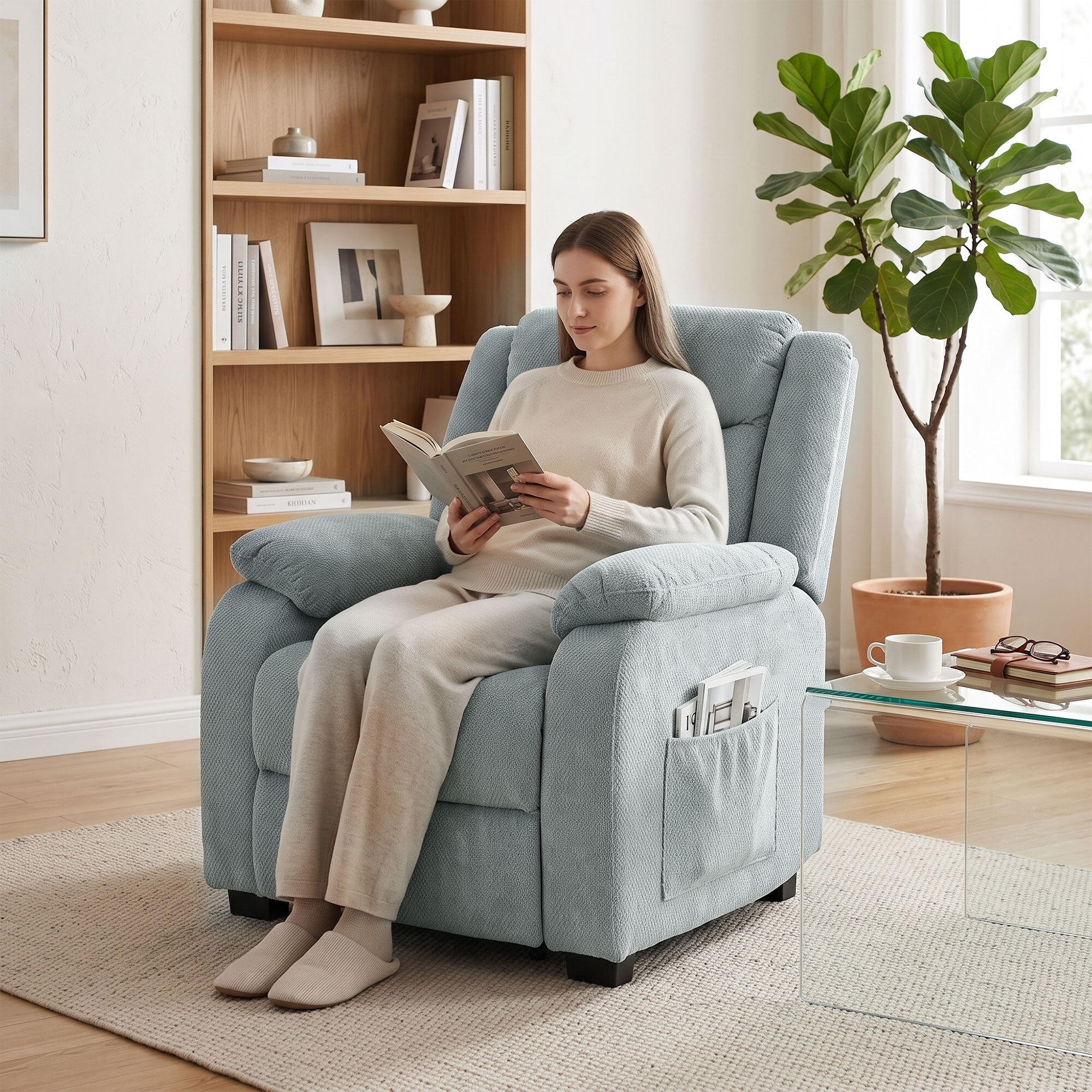 Sillón Relax Reclinable Eléctrico, Sillón Reclinable de Lino, con Asiento con Muelles, Respaldo Grueso, Reposapiés, Reposabrazos Anchos, Mando, Puerto USB y 2 Bolsillos Laterales, Verde