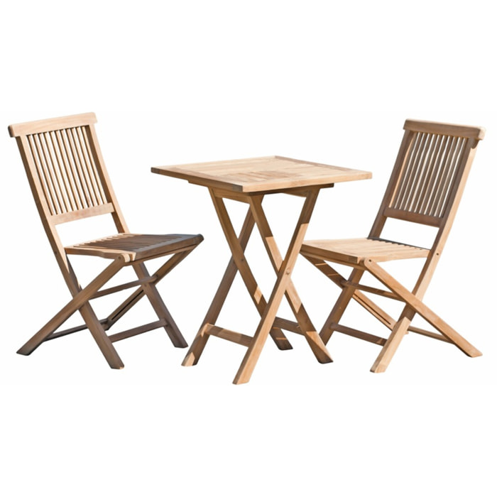 FUN - SALON DE JARDIN EN BOIS TECK 2 personnes : Ensemble de jardin - 1 Table carrée pliante 60 cm et 2 chaises