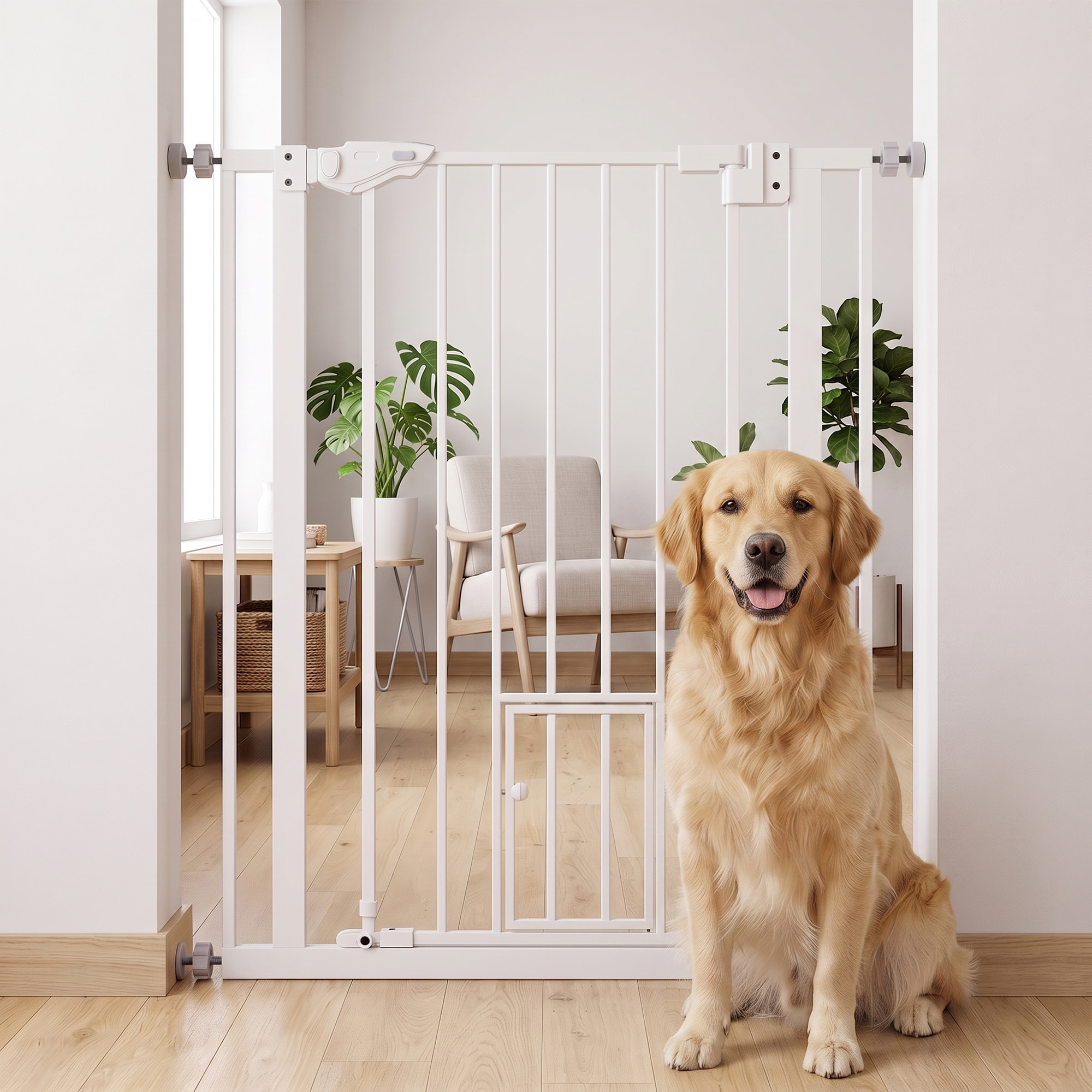 Barrera de Seguridad Perros Gatos con Puerta Pequeña 74-80x104,1 cm para Puerta Pasillo Escalera Barrera para Mascotas con Cierre Automático y Sistema de Doble Bloqueo Blanco