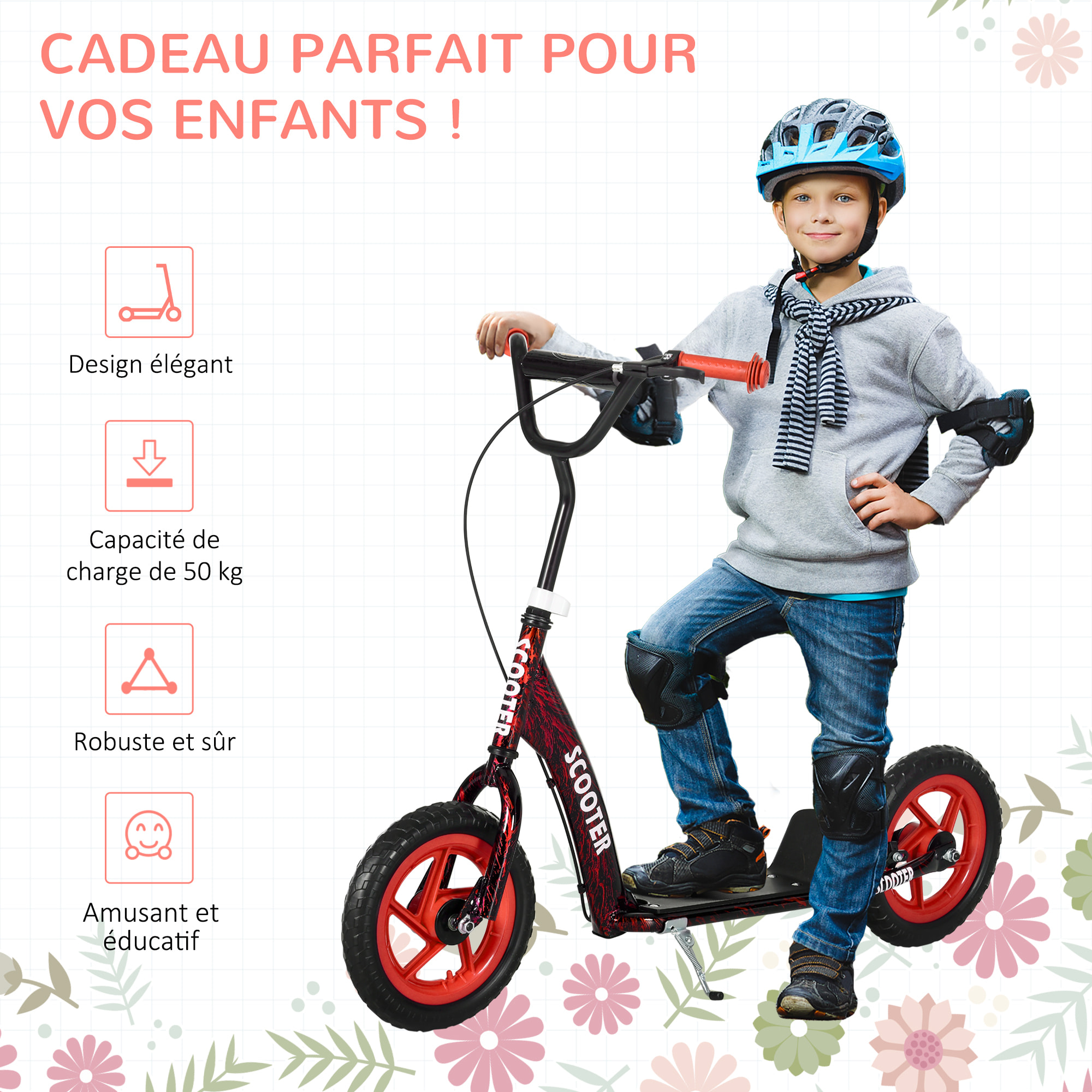 Trottinette patinette enfant à partir de 6 ans roues 30 cm guidon réglable poignée frein et béquille acier rouge