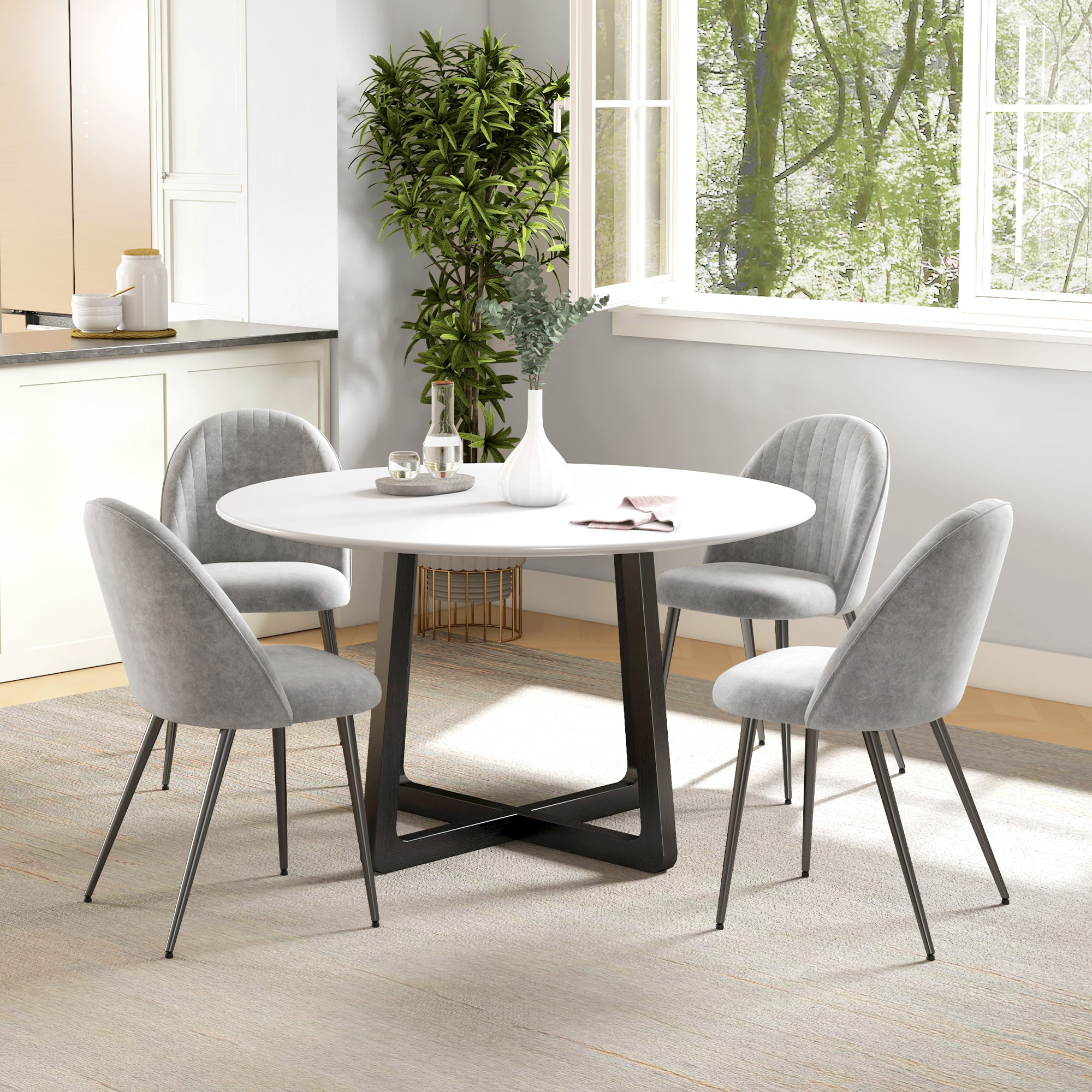Pack de 4 Sillas de Comedor Modernas, Sillas de Cocina Tapizada en Terciopelo con Respaldo Curvo y Patas de Acero, para Salón, Gris
