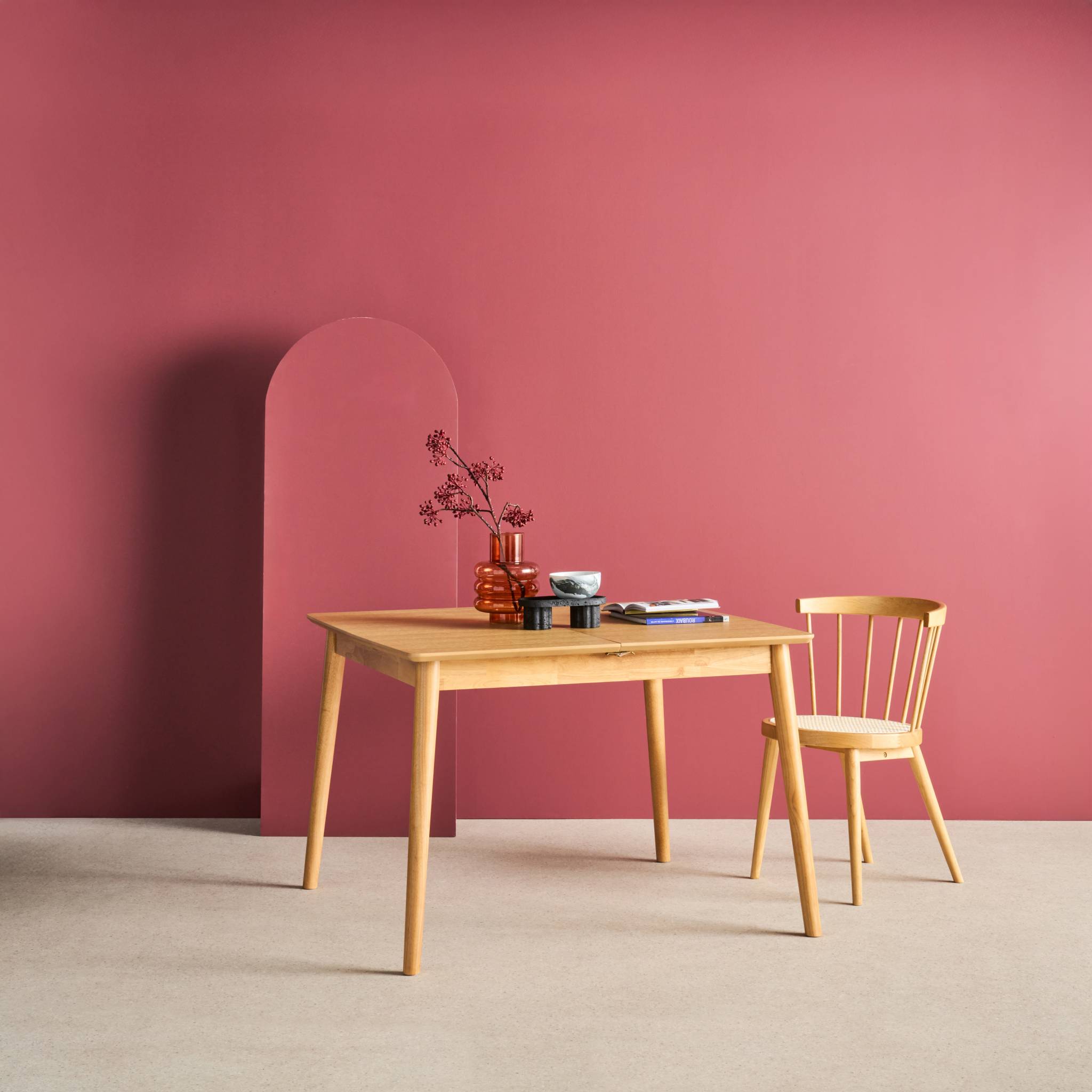 Table à manger rectangulaire extensible bois d'hévéa et placage chêne naturel 4-6 places - 110/140 x 100 x 75 cm - Lina