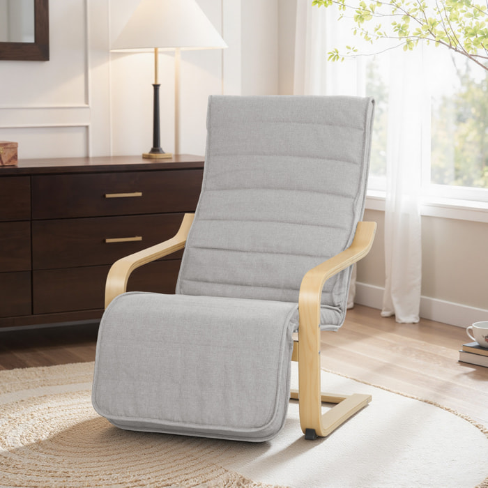 Sillón de Salón con Reposapiés Ajustable, Butaca de Salón Tapizada en Lino Sintético con Marco de Madera, Sillón de Relax para Dormitorio, Oficina, Estudio, 66,5x94x100 cm, Gris Claro