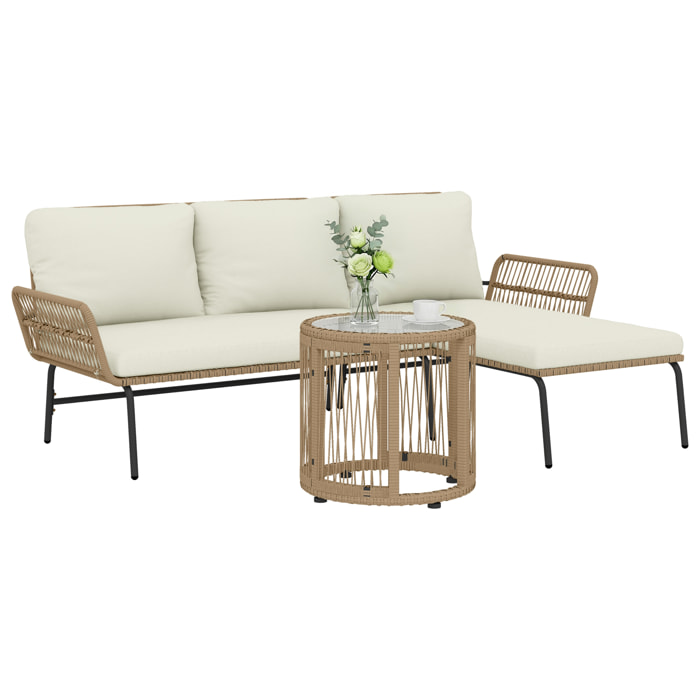 Conjunto de Muebles de Jardín Exterior de Ratán Juego de 3 Piezas Muebles de Terraza con Sofá de 2 Plazas Chaise Longue Cojines y Mesa Auxiliar de Tablero de Vidrio para Patio Crema y Natural
