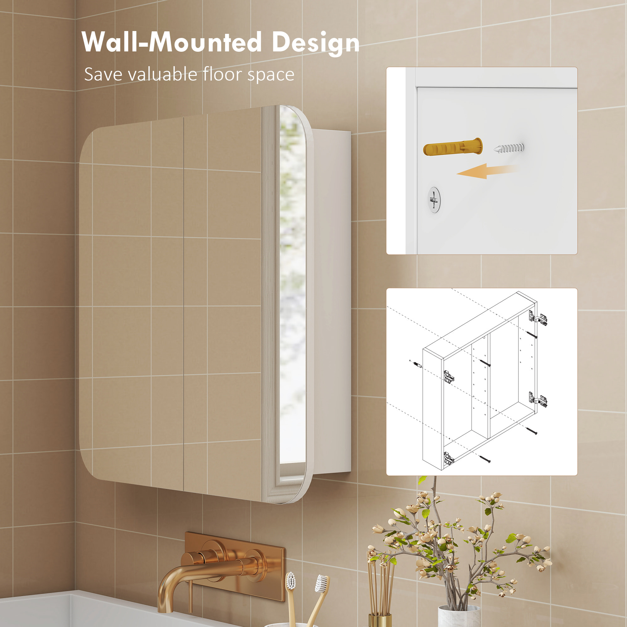Armario de Baño con Espejo, Diseño con Bordes Curvados, Armario de Pared, Mueble de Baño Colgar, 2 Puertas, Estantes Ajustables, 68x13x66 cm, Blanco