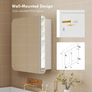 Armario de Baño con Espejo, Diseño con Bordes Curvados, Armario de Pared, Mueble de Baño Colgar, 2 Puertas, Estantes Ajustables, 68x13x66 cm, Blanco