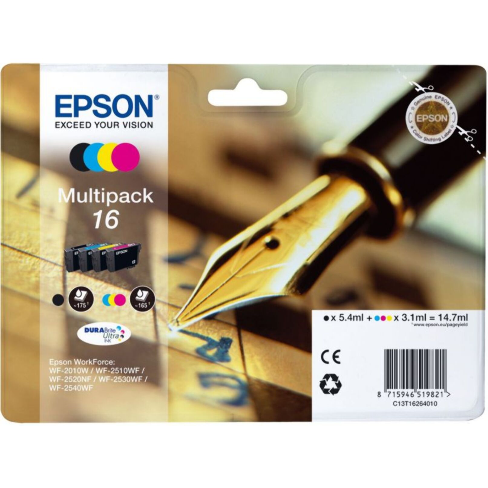 Cartouche d'encre EPSON Pack Multipack 4 Originales T1626 Série Stylo Plume (Noir + 3 Couleurs) - C13T16264010