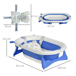 Bañera Plegable para Bebé Recién Nacido hasta 3 Años 35 Litros con Tapón Termosensible Cojín y Almohadillas Antideslizantes 81,5x50,5x23,5 cm Azul