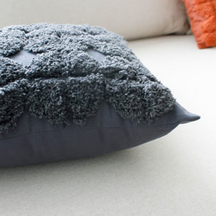 Coussin déhoussable aux broderies  - Effet laine - Gris Foncé