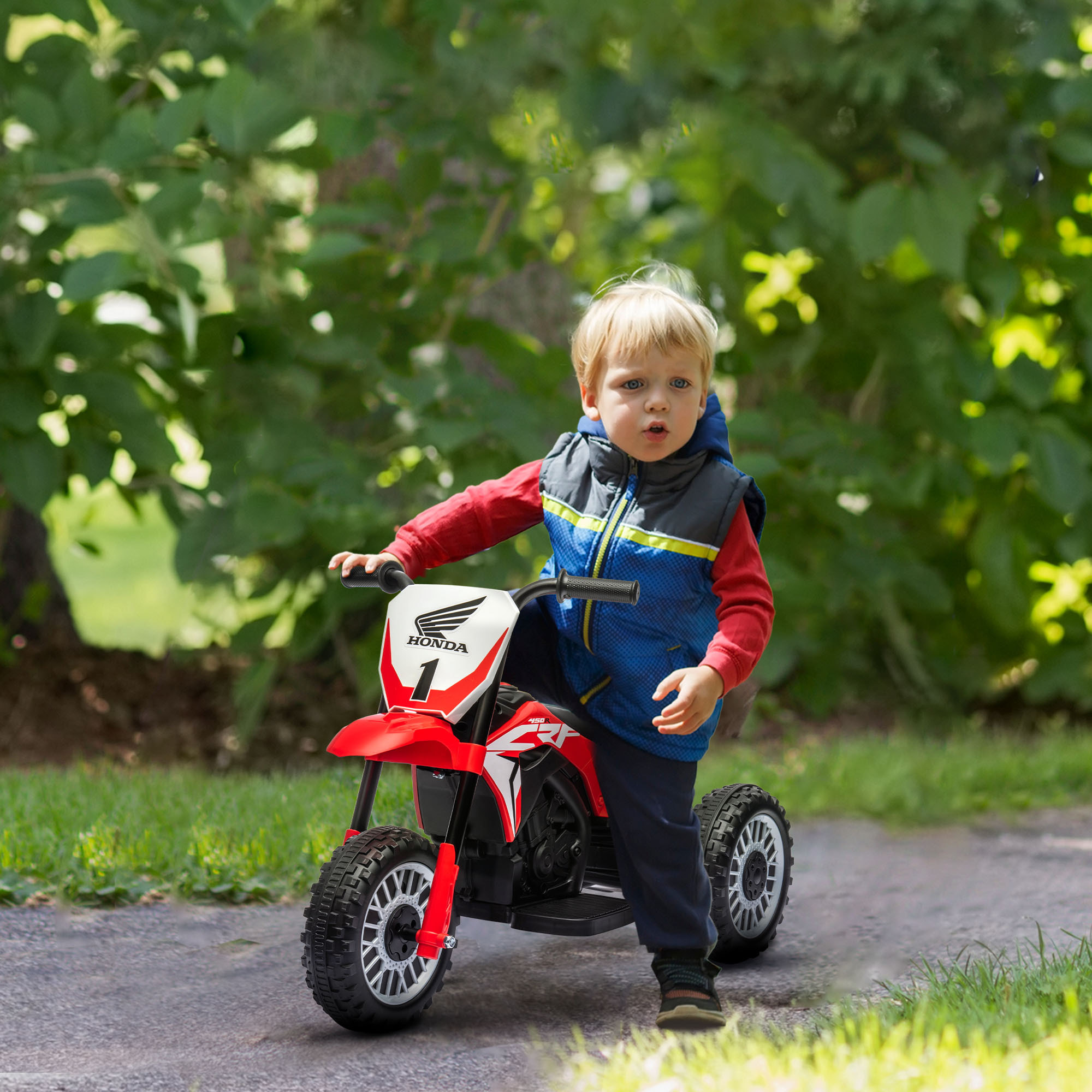 Moto Cross électrique enfant 3 roues licence officielle Honda CRF 450 R V. max. 3 Km/h fonctions sonores rouge