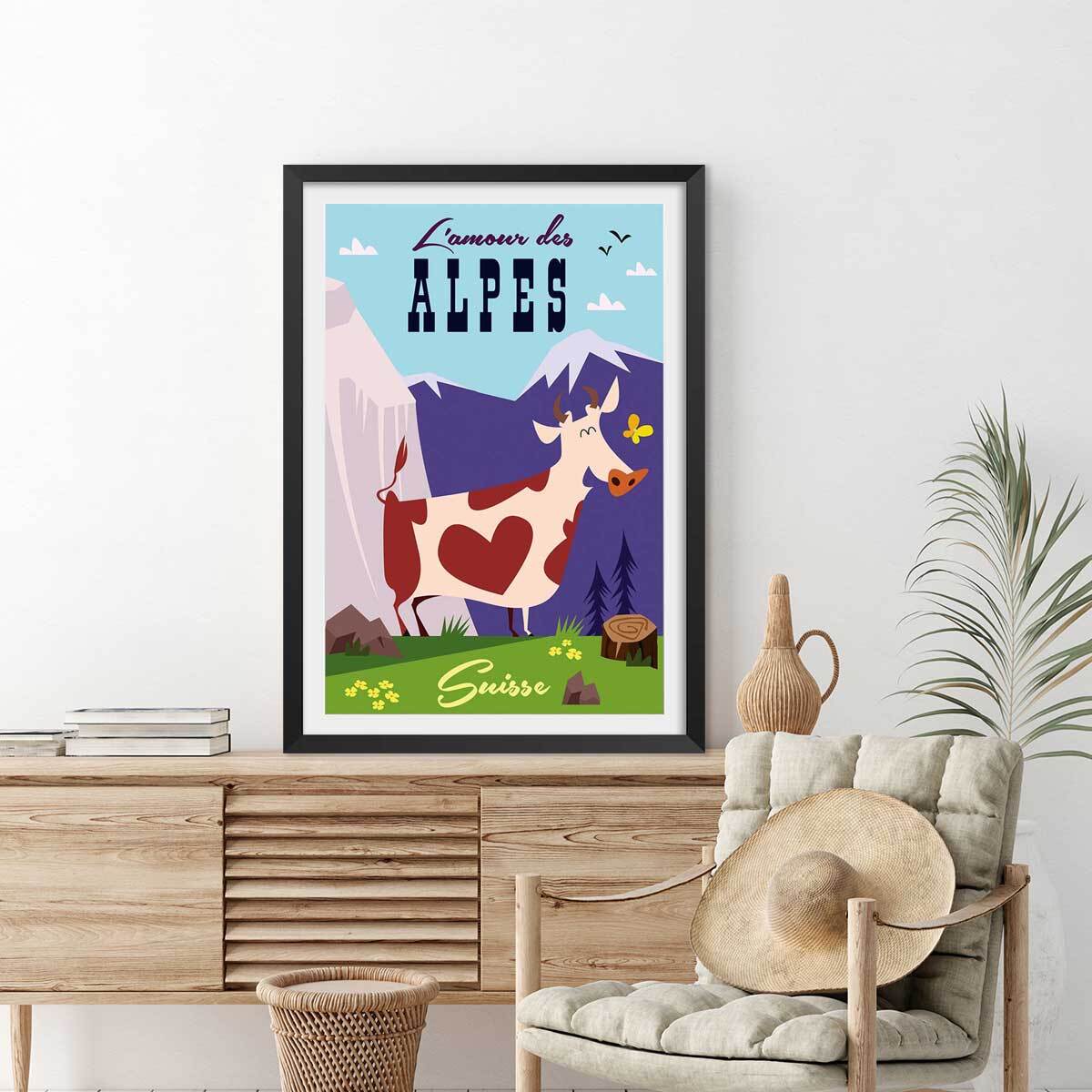 Poster de l'amour des alpes suisse Affiche + cadre en bois - Noir