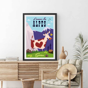 Poster de l'amour des alpes suisse Affiche + cadre en bois - Noir