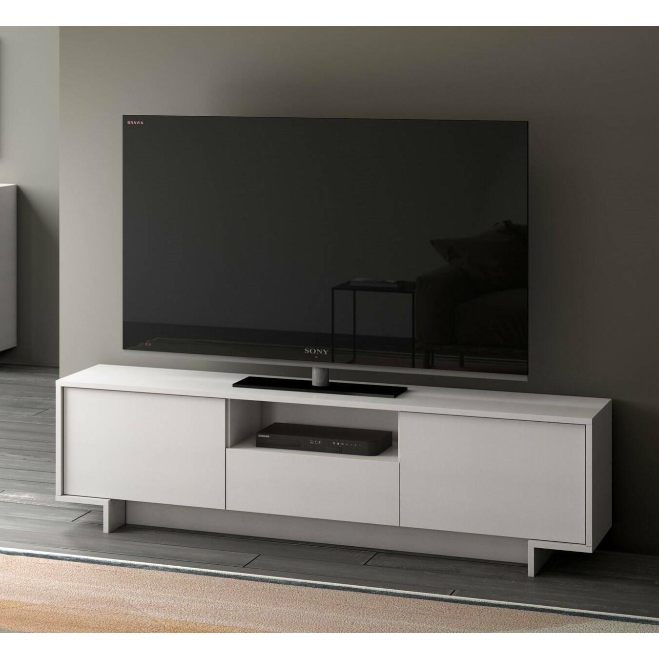 Mobile Porta TV Darrighin, Supporto per televisione da salotto, Credenza bassa da soggiorno a 2 ante e 1 cassetto, 100% Made in Italy, 170x42h48 cm, Bianco