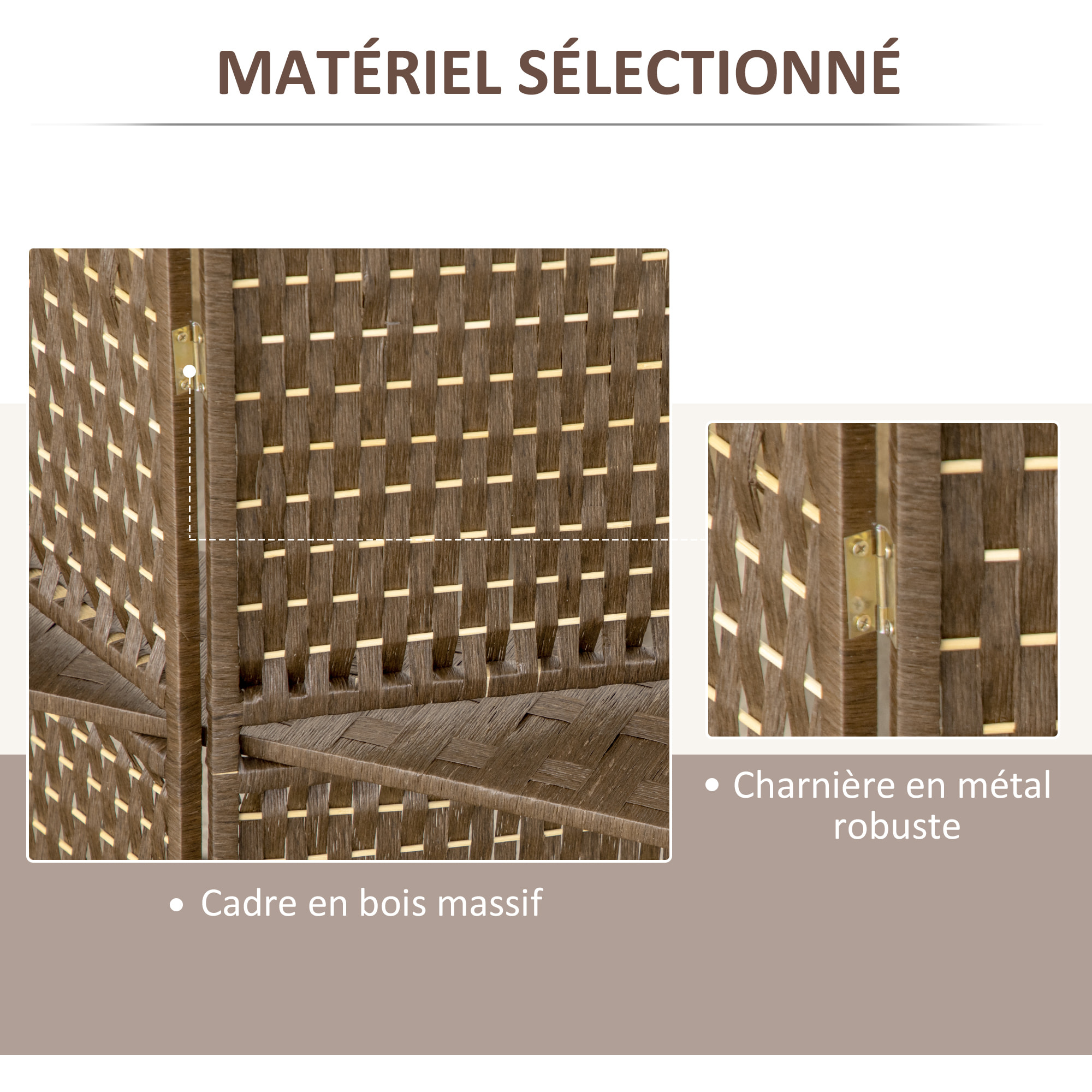 Paravent intérieur 4 panneaux 2 étagères pliables séparateur de pièce bois de pin bambou fibres de papier tressée marron paille