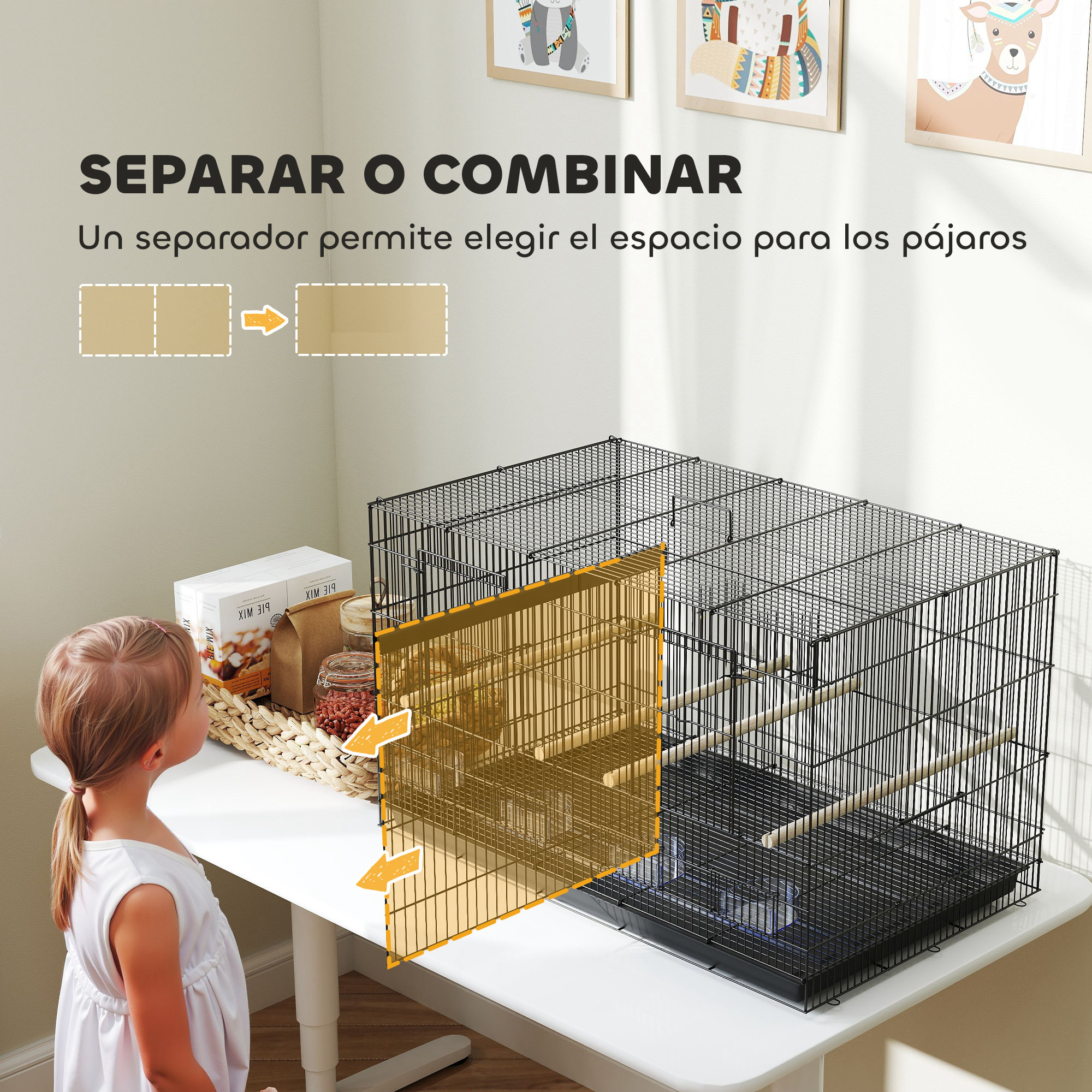 Jaula para Pájaros con Divisor Jaula para Mascota Aves Loros Canarios Pajarera con Comederos Perchas y Bandeja Extraíble 94x57x57 cm Negro