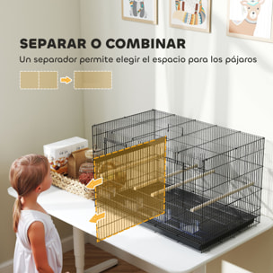 Jaula para Pájaros con Divisor Jaula para Mascota Aves Loros Canarios Pajarera con Comederos Perchas y Bandeja Extraíble 94x57x57 cm Negro