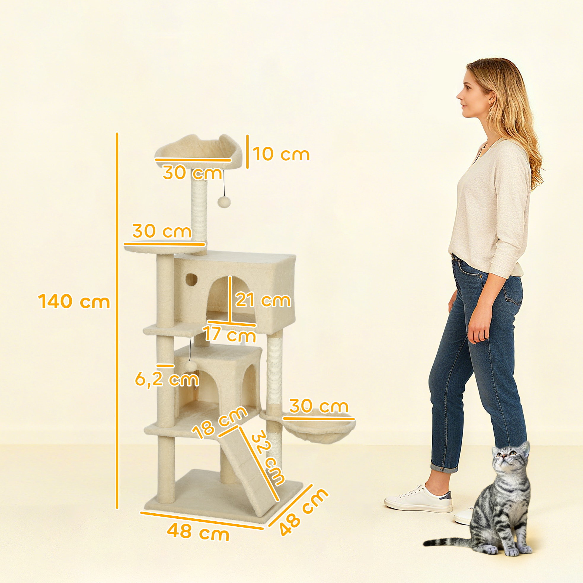 Árbol Rascador para Gatos, Árbol para Gatos 140 cm, Torre Escalador con Múltiples Plataformas, Cama, 2 Cuevas, Hamaca, Escalera, Postes de Sisal, Bolas para Jugar, Beige