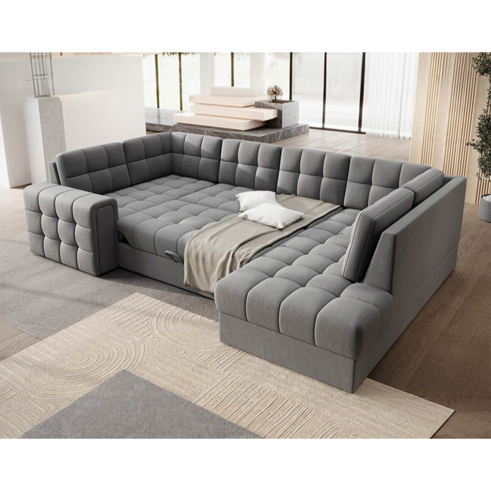 Nappa - Canapé panoramique d'angle gauche 7 places convertible avec coffre en velours - Gris clair