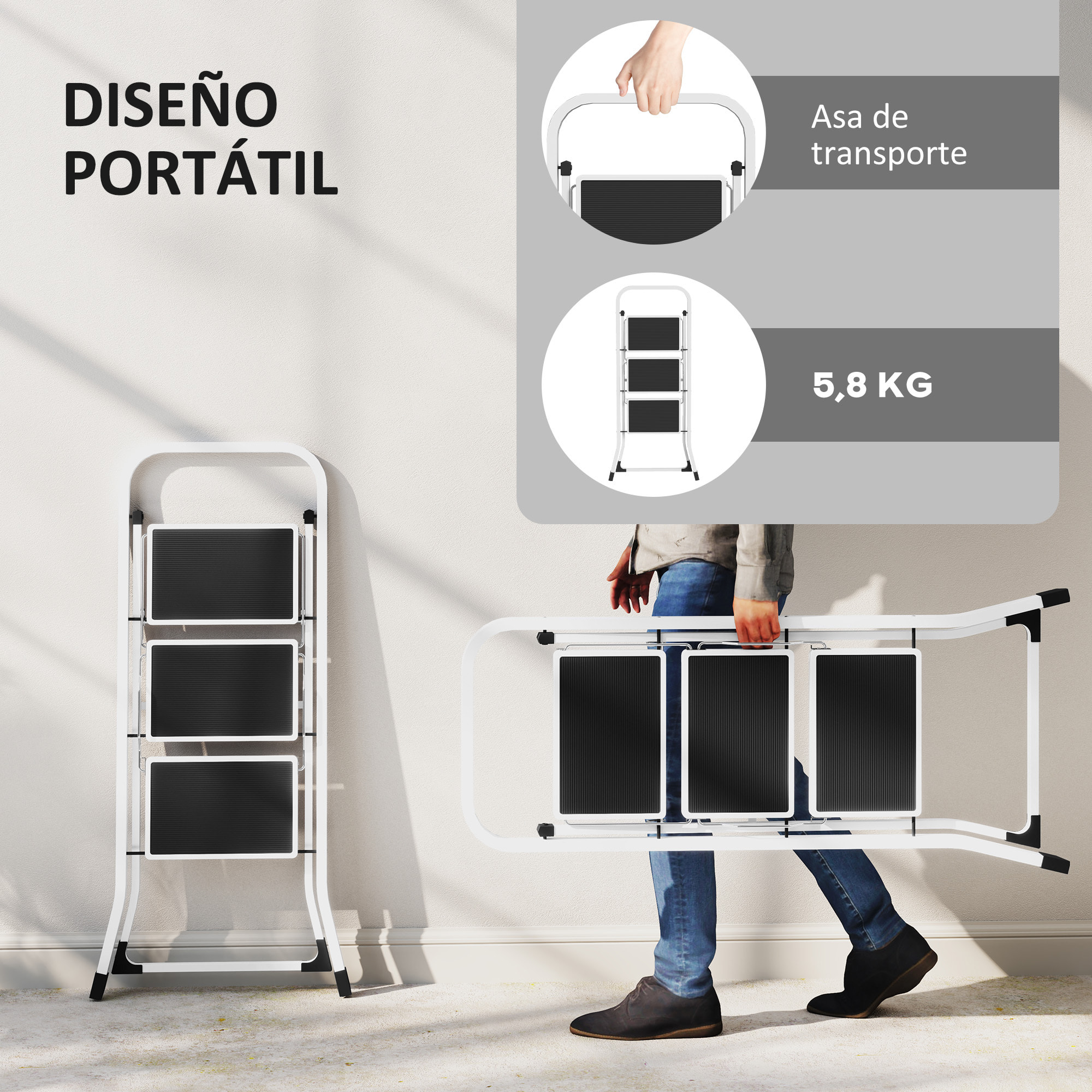 Escalera Plegable de 3 Peldaños Escalera de Tijera Carga hasta 150 kg con Pedal Antideslizante Fácil de Guardar y Transportar para Hogar Cocina Oficina Blanco