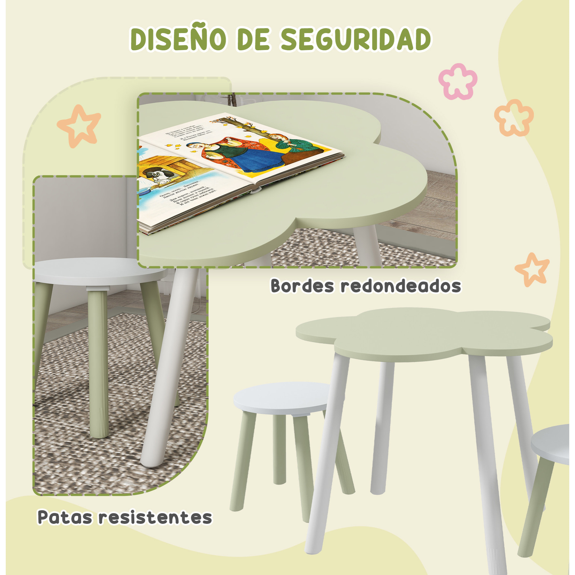 Juego de Mesa y 2 Sillas Infantiles Mesa con Sillas para Niños de 2-5 Años con Mesa en Forma de Flores Ø59x50 cm y Sillas Ø28x26 cm para Dormitorio Sala Blanco y Verde Pastel