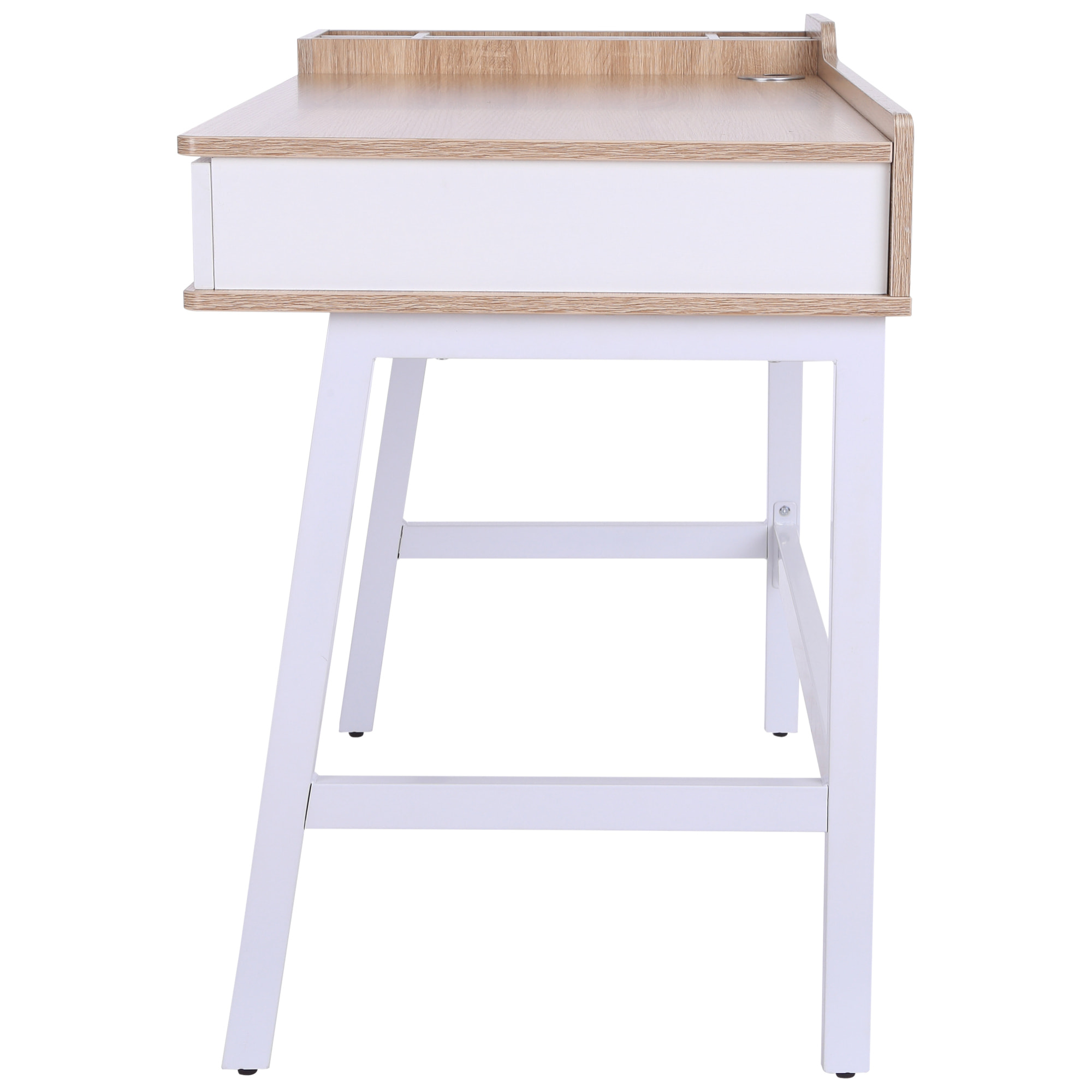 Bureau informatique multi-rangement style contemporain dim. 100L x 55l x 82H cm métal blanc MDF chêne clair