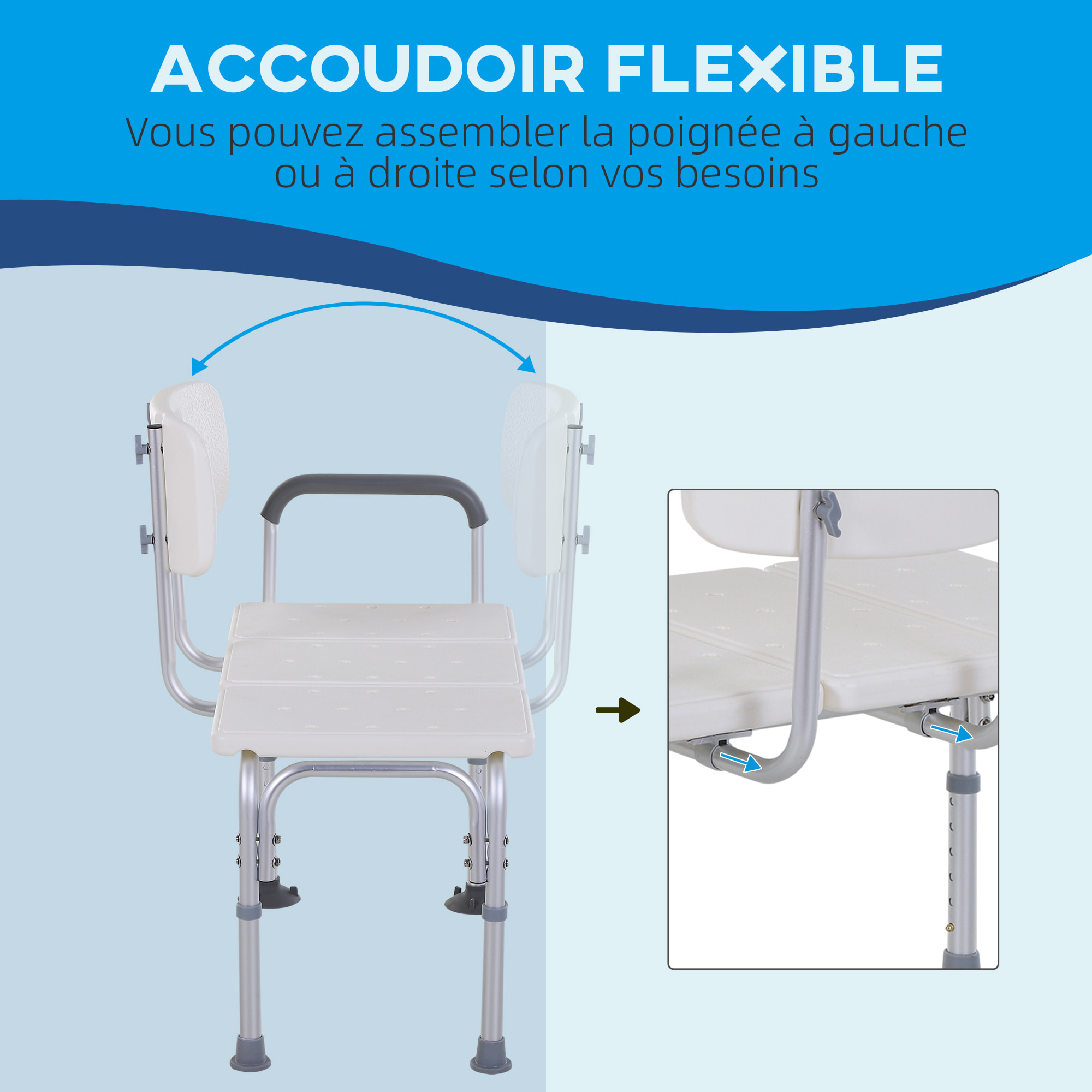 Chaise de douche siège de douche ergonomique hauteur réglable pieds antidérapants charge max. 136 Kg alu. HDPE blanc