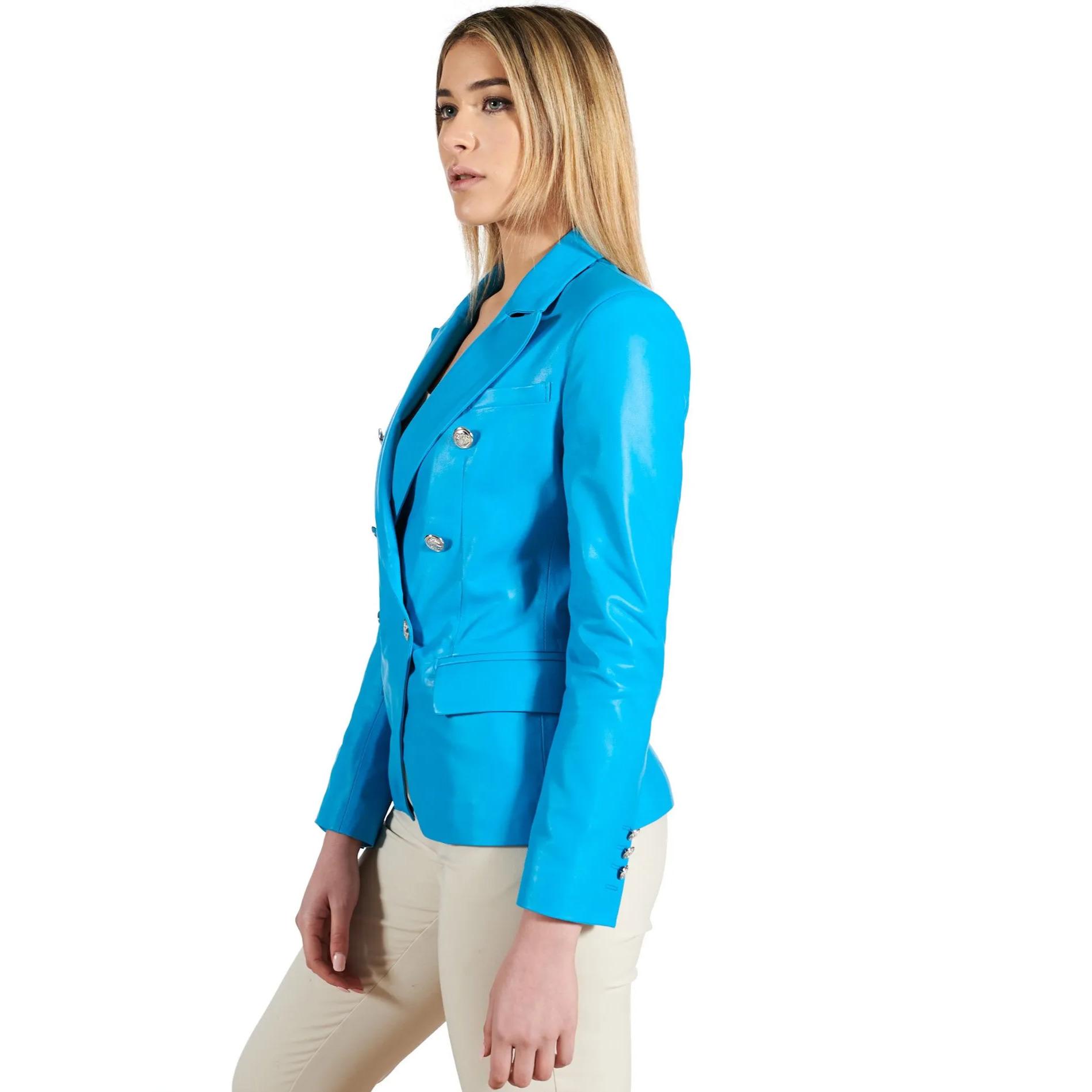 Giacca blazer doppio petto in pelle naturale azzurra