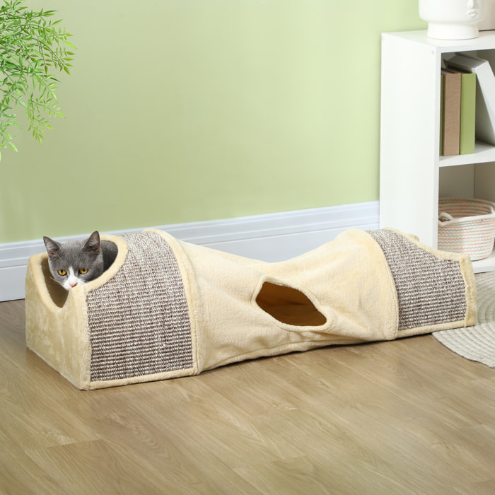 Tunnel pour chat modulable - 3 portes, 2 griffoirs - sisal peluche beige