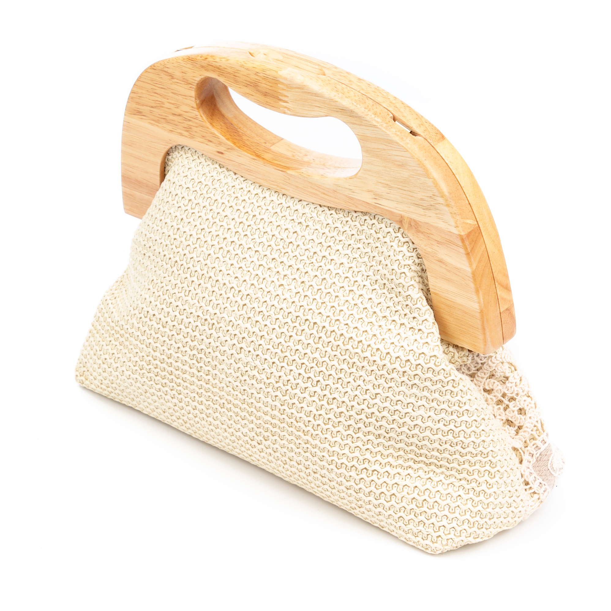 Barbaira Bolso de mano Mujer. Fabricado en madera natural y algodón.