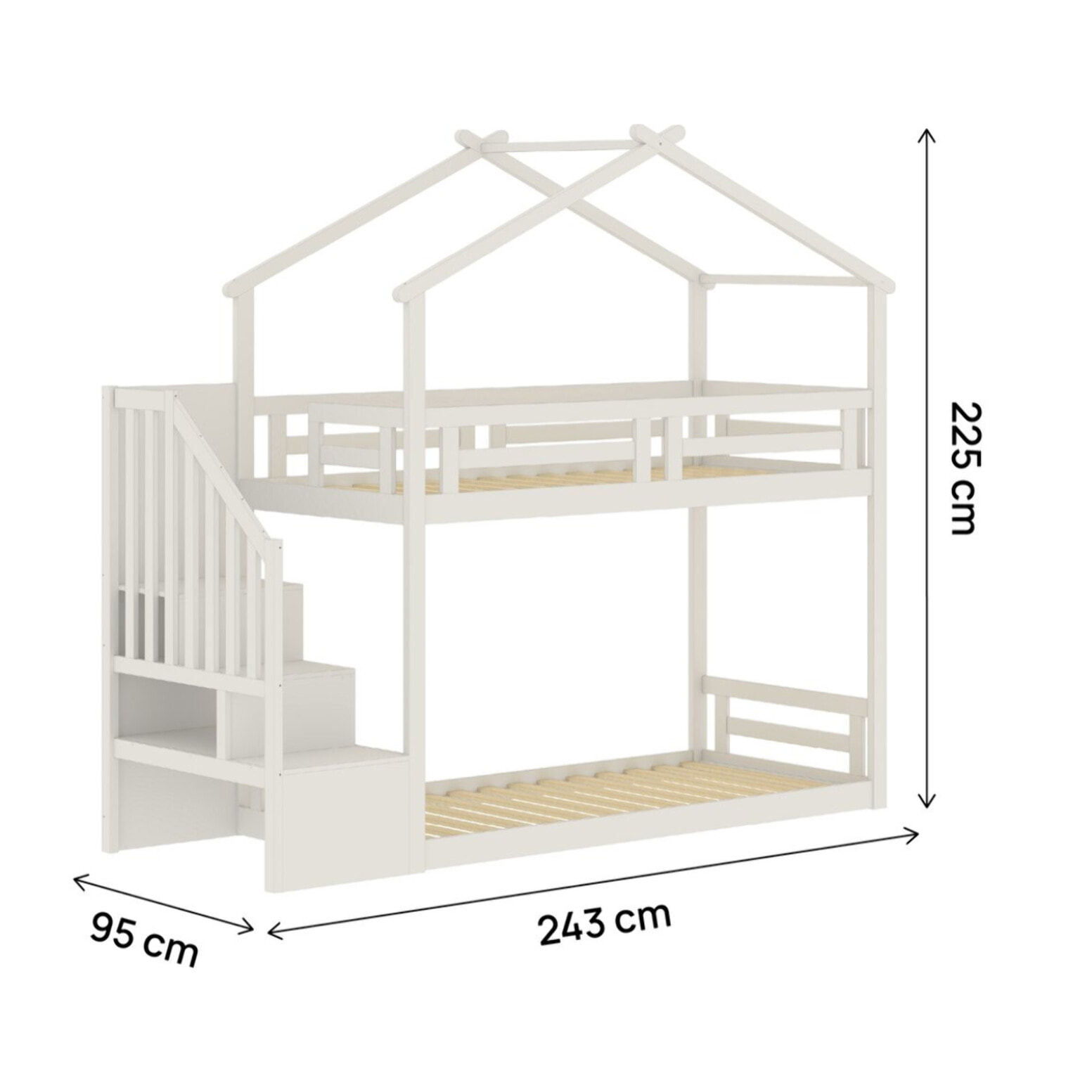 Lit cabane superposé avec escalier en bois "Oriana" - 90 x 190 cm - Beige