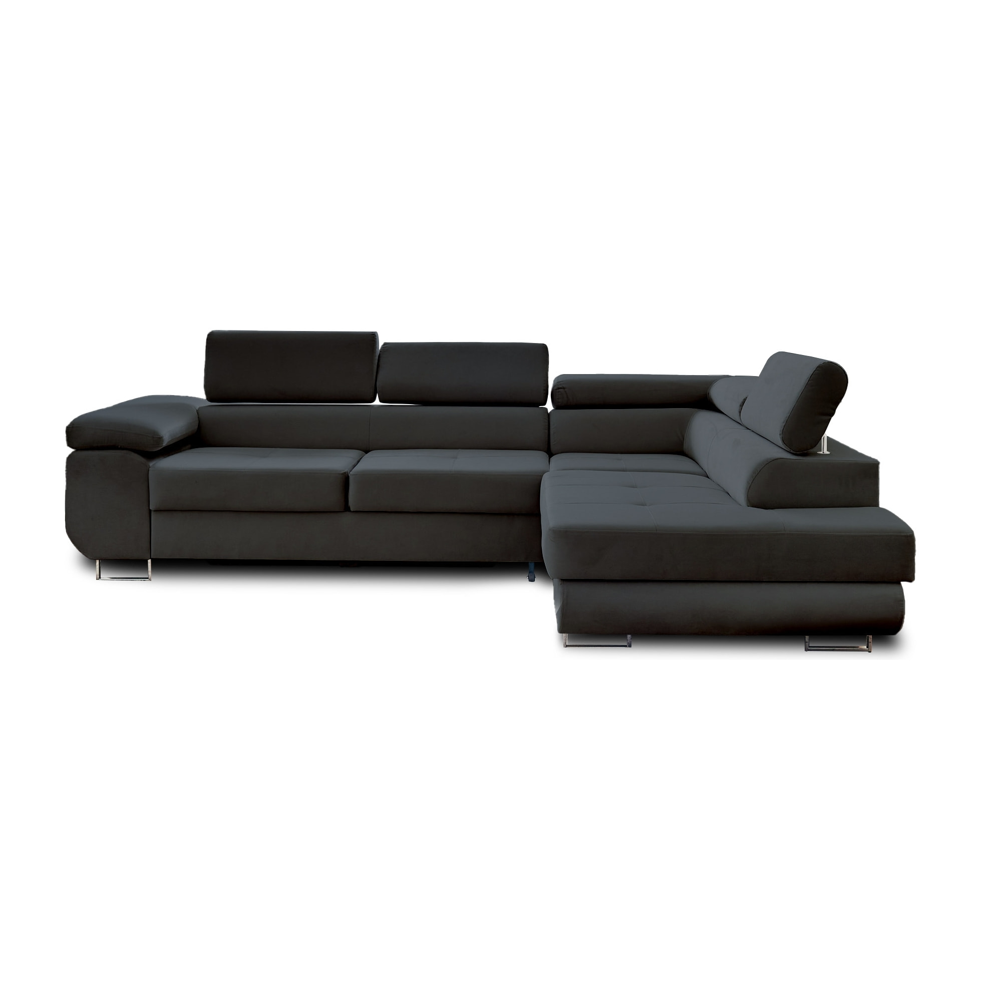 Pablo - canapé d'angle droit - 5 places - convertible avec coffre et têtières réglables - en velours - Gris foncé