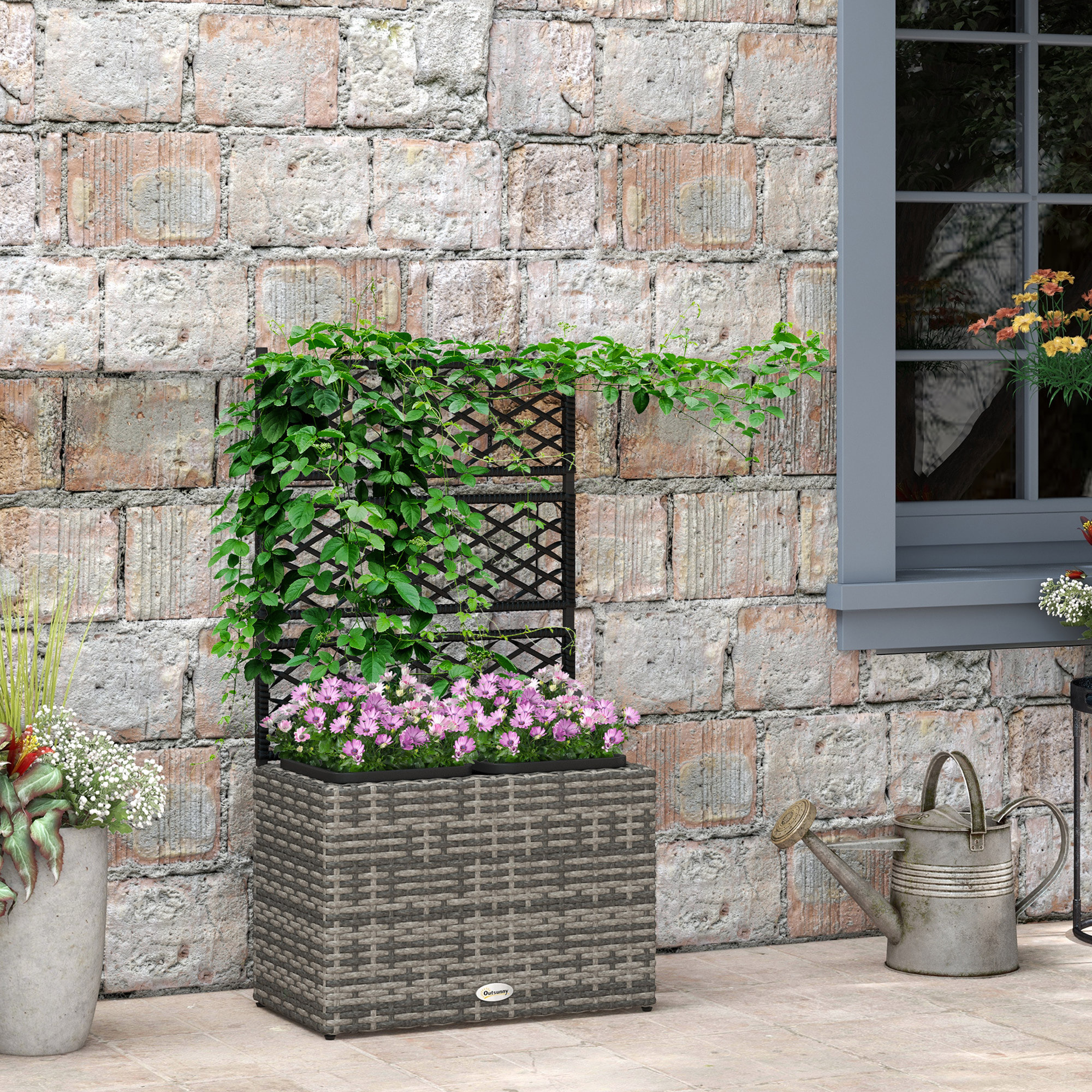 Jardinière avec treillis dim. 57L x 30l x 107H cm 2 bacs inserts d'irrigation inclus PE imitation rotin tressé gris