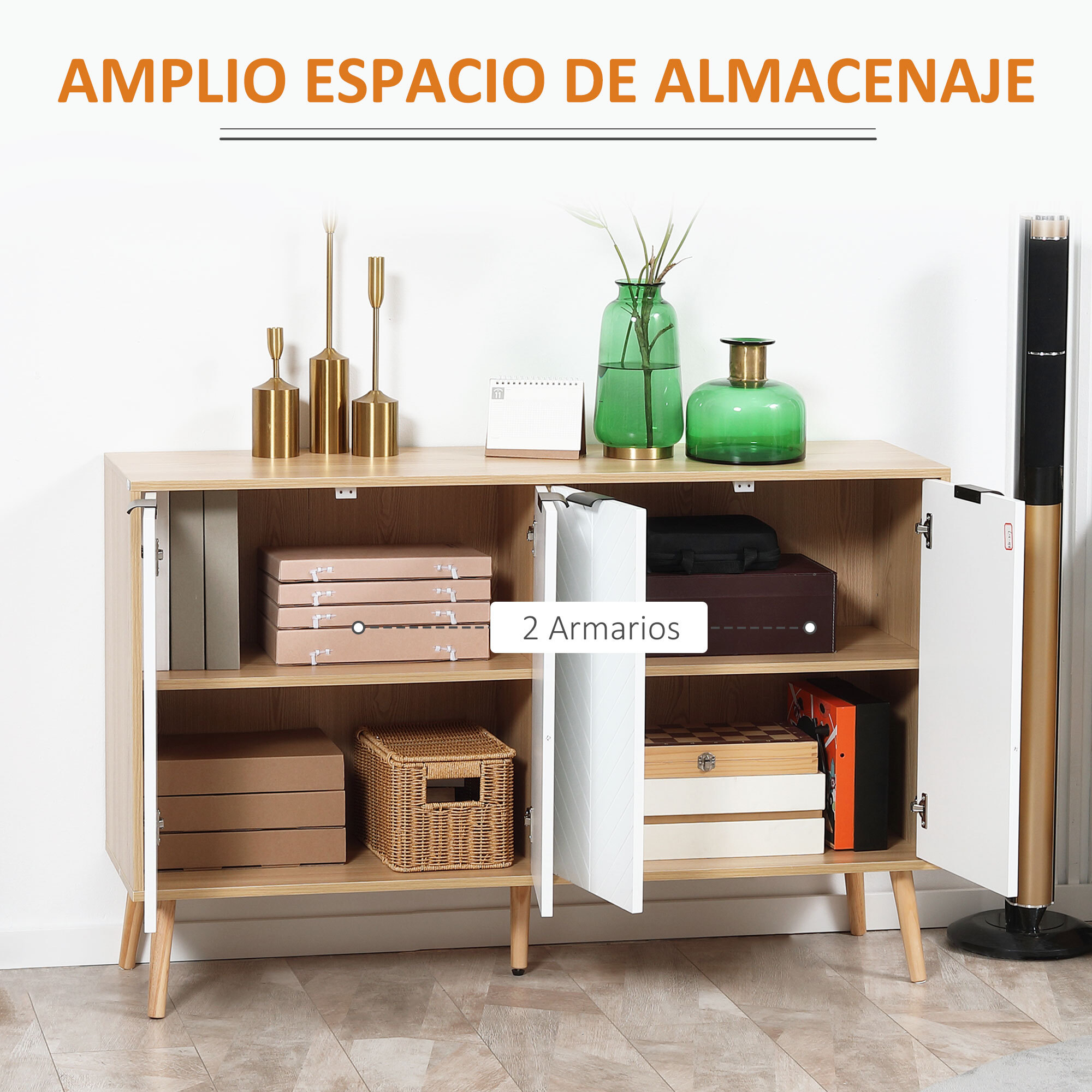 Aparador de Cocina Moderno Mueble Buffet Auxiliar con Estantes Ajustables 2 Armarios y Antivuelco Carga 50 kg para Comedor Salón 120x35x77,4 cm Blanco y Natural