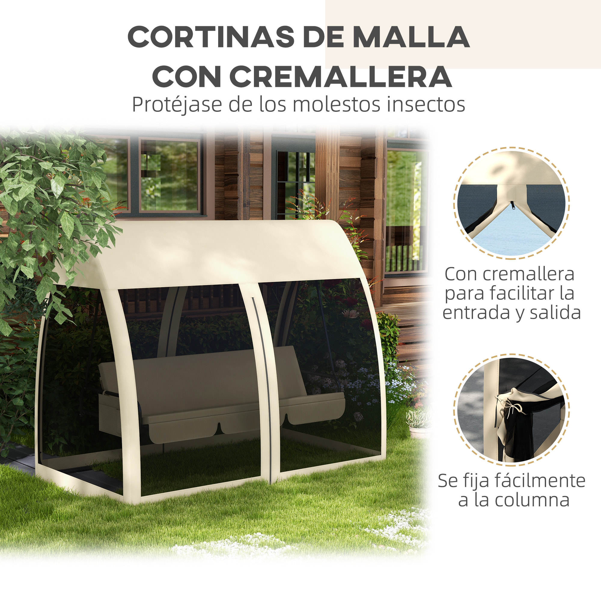 Balancín de Jardín de 3 Plazas Convertible en Cama Columpio Jardín Exterior con Mosquitera Estructura de Metal Carga 300 kg 240x140x197 cm Beige