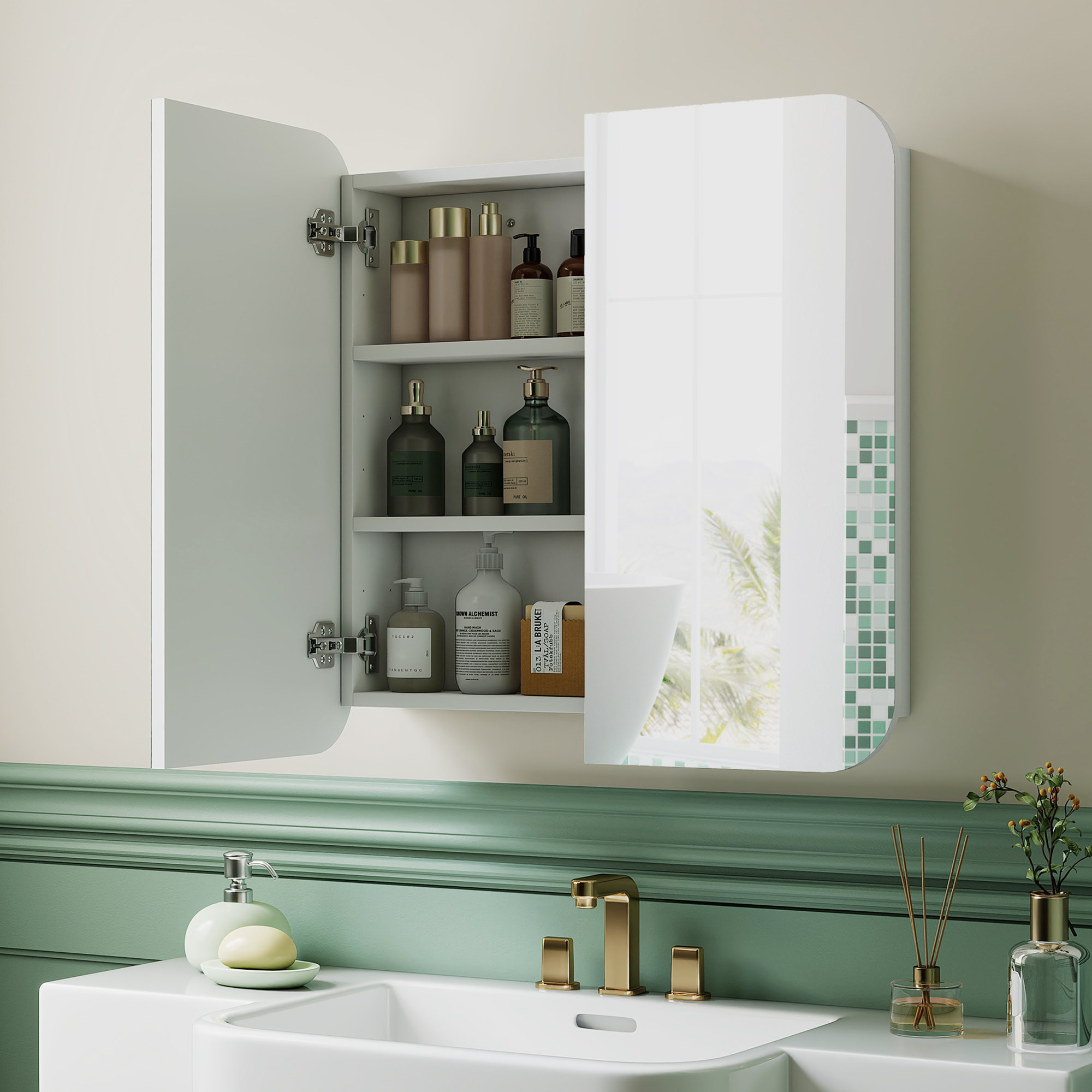 Armario de Baño con Espejo, Diseño con Bordes Curvados, Armario de Pared, Mueble de Baño Colgar, 2 Puertas, Estantes Ajustables, 68x13x66 cm, Blanco