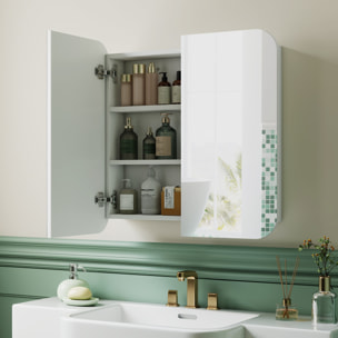 Armario de Baño con Espejo, Diseño con Bordes Curvados, Armario de Pared, Mueble de Baño Colgar, 2 Puertas, Estantes Ajustables, 68x13x66 cm, Blanco