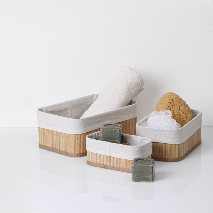 Lot de 3 paniers en bambou et tissu - Beige