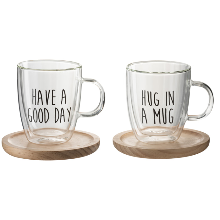 J-Line tasse + sous-tasse Texte - verre/bois - transparentnoir - 2 pièces