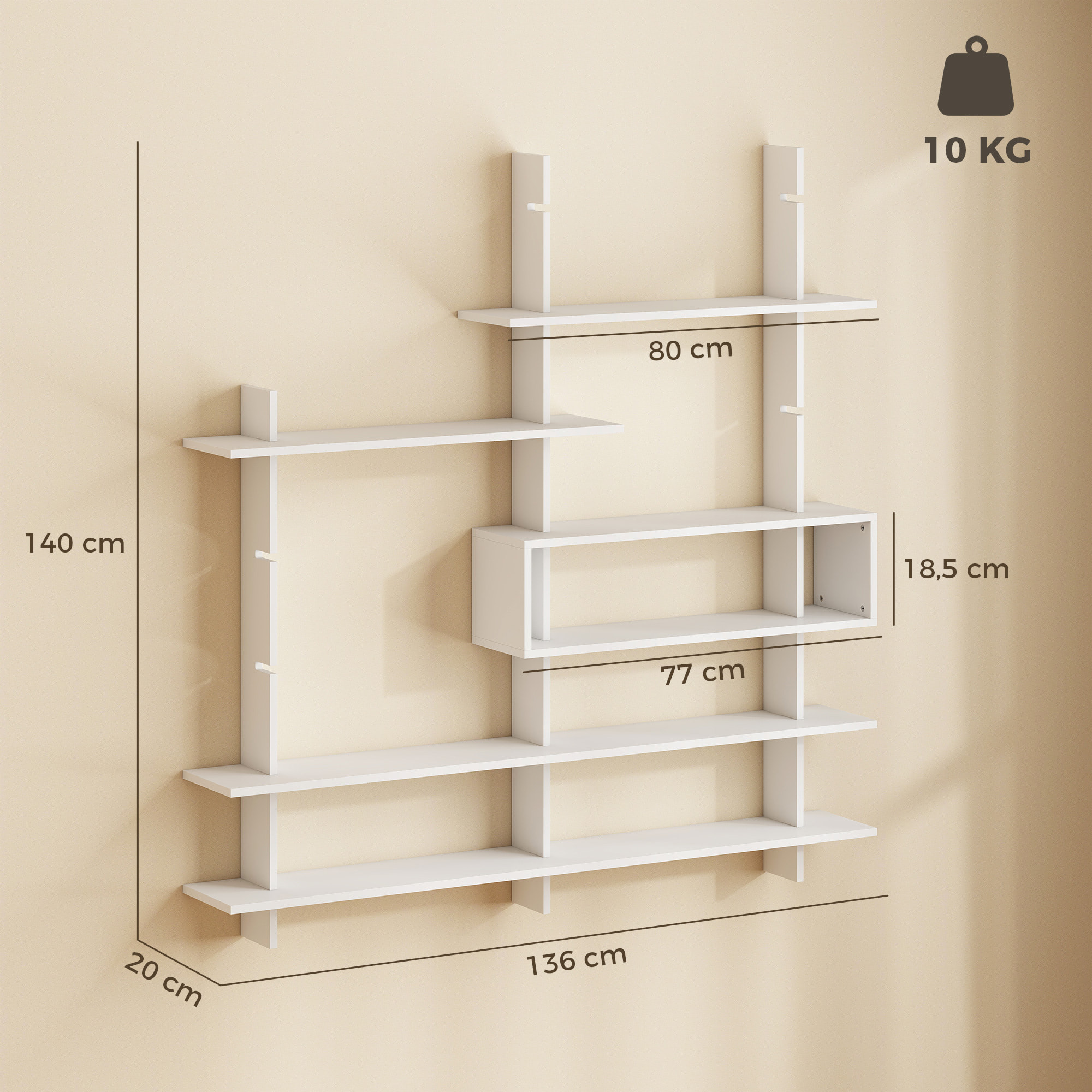 HOMCOM Estantería de Pared, Librería Geométrica con 4 Estantes y Compartimento Central Rectangular, Estantes Decorativos para Salón o Dormitorio, Blanco