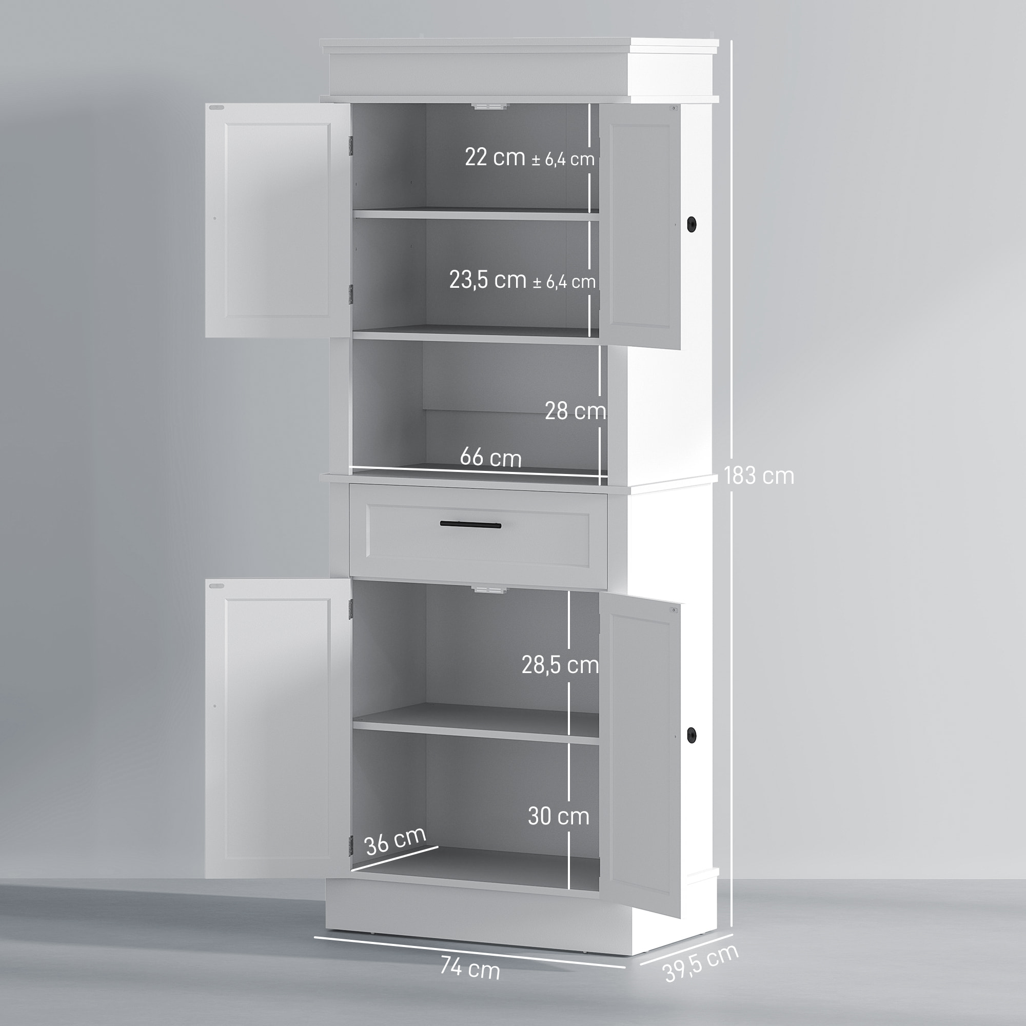 Alacena de Cocina Aparador de Comedor Mueble Auxiliar para Microondas con 4 Puertas 1 Cajón y Estante Abierto para Salón 74x39,5x183 cm Blanco